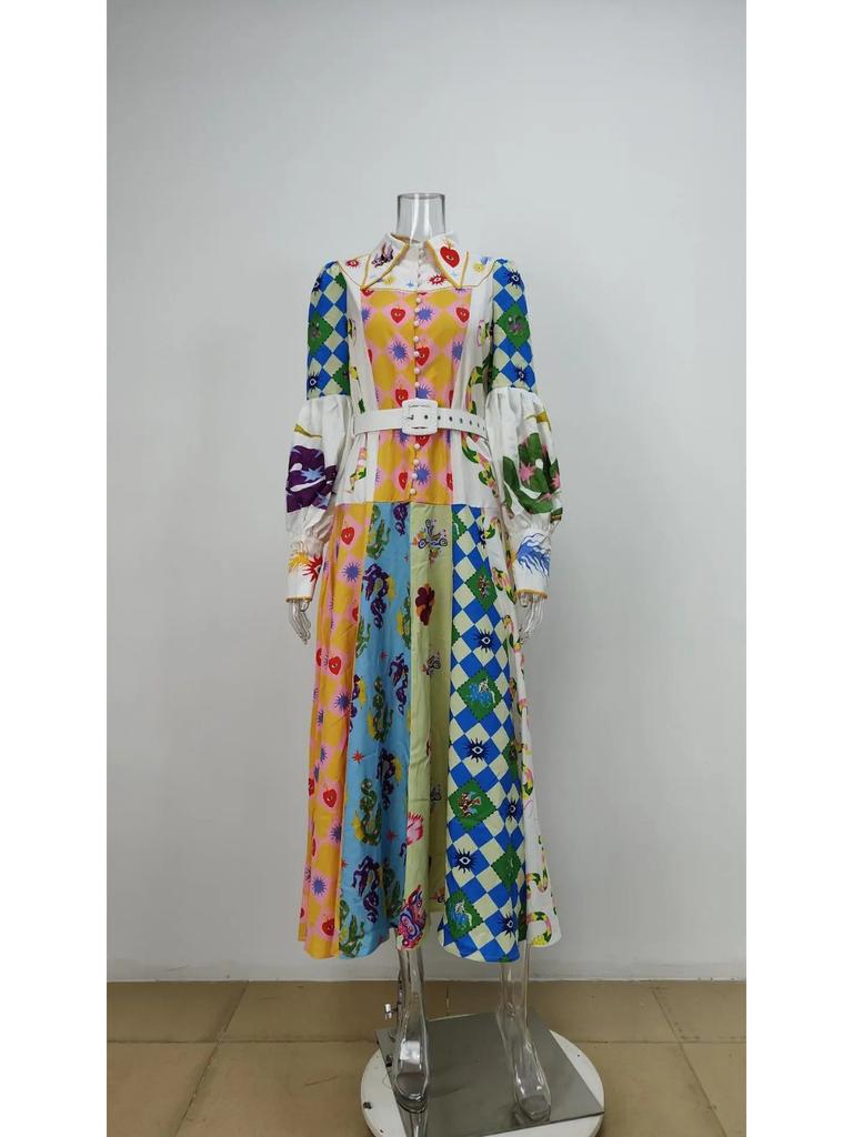 Europäisches und amerikanisches Damenmode-Kleid mit langem, bedrucktem Laternenärmeln, V-Ausschnitt, Taillenbindung, Umlegekragen, langen Ärmeln