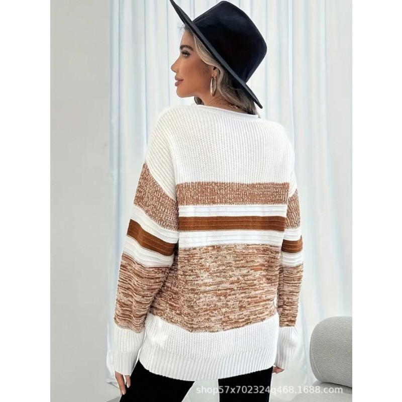Womens Striped Color Block Crew Neck Loose Long Sleeve Knit Sweater