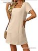 Women's Casual Square Neck Short Sleeve Pocket Solid Color Dress for Summer 2026