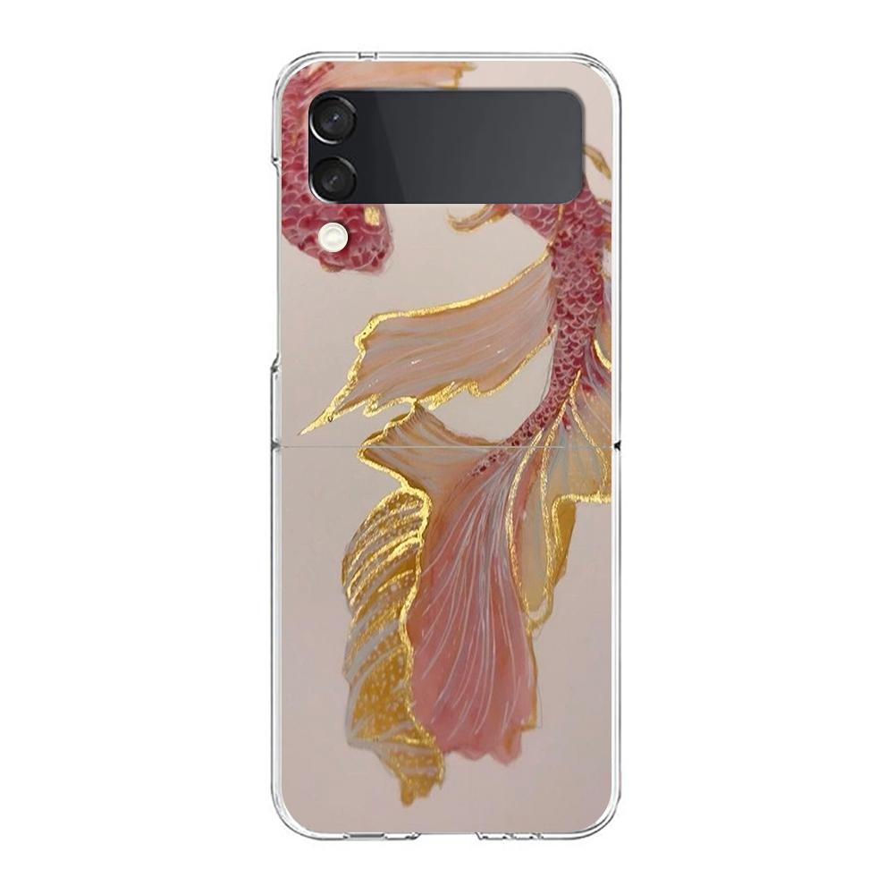 Transparent Phone Case For Samsung Galaxy Z Flip 3 4 5 6 7 Hard Folding PC Z Flip3 Flip4 Cover Flower Cute Fairy Fish Painting