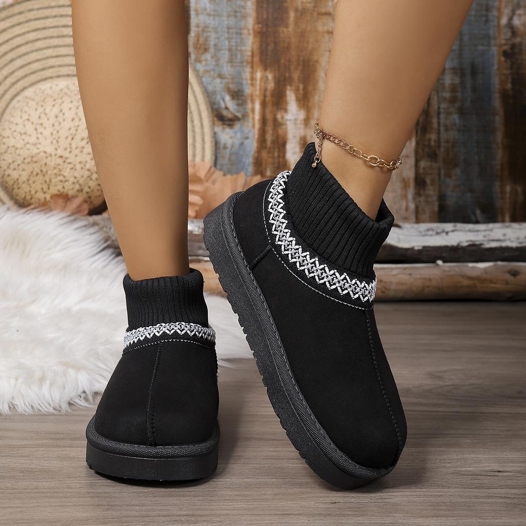 Casual Ethnic Embroidery Snow Boots Women  Soft Thick Bottom Short Plush Snow Boots Winter Warm Knitted Boot Tube Shoes