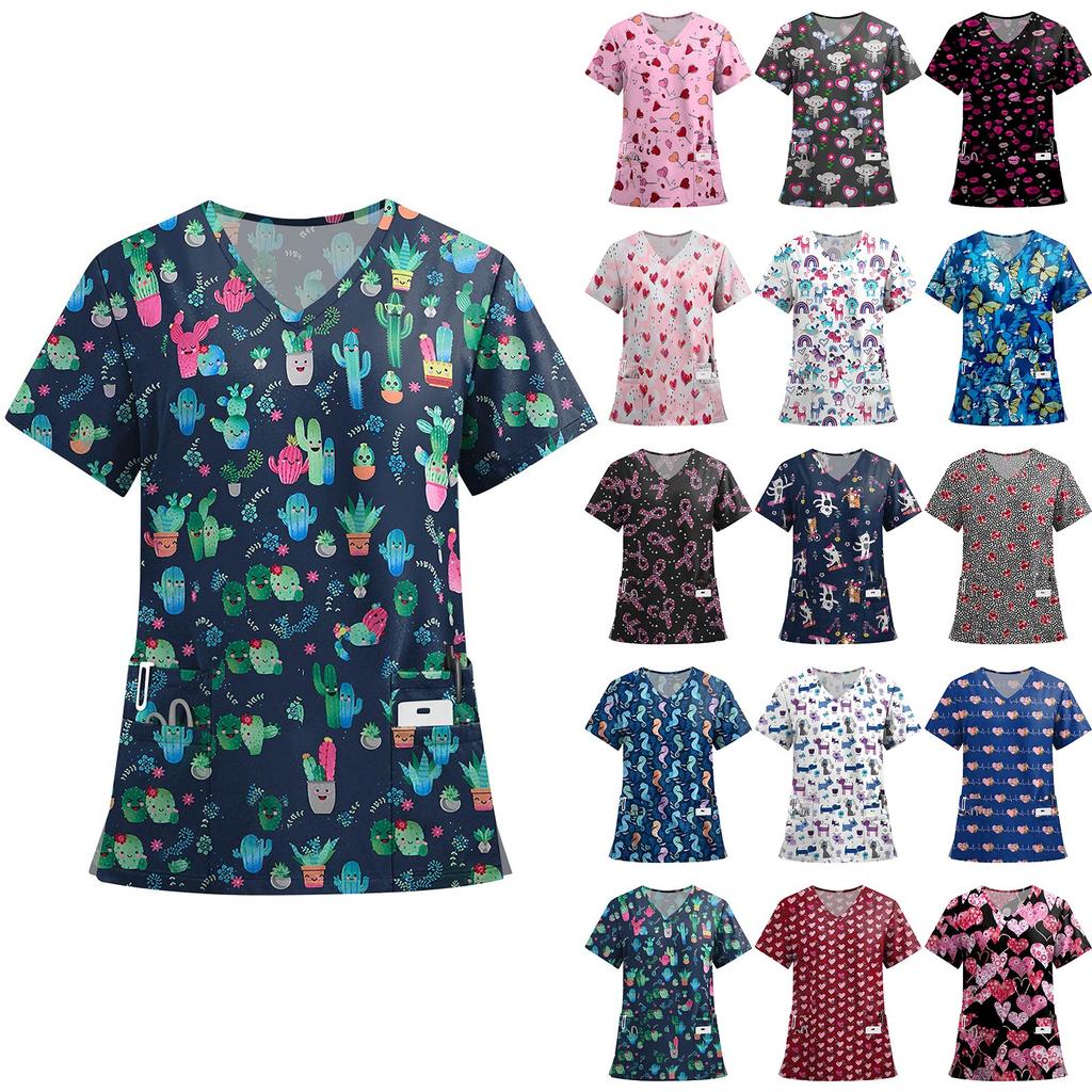 Women's Fashion Printed Short Sleeve V Neck Pattern Tops Pocket Working T-shirts