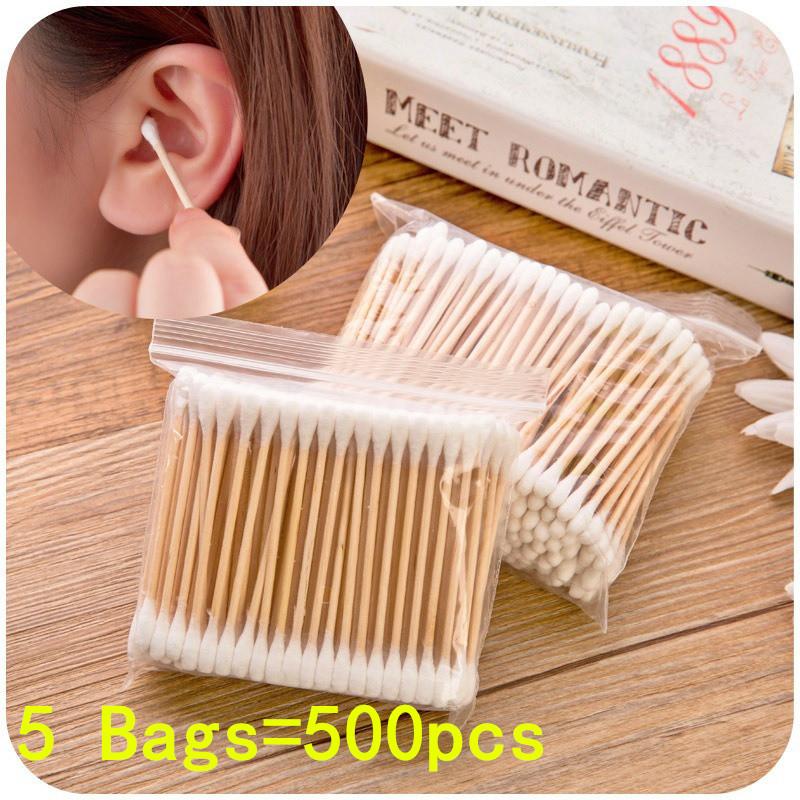 Bulk Pack Unscented Double-Headed Cotton Swabs with Wooden Sticks for Makeup Removal And Ear Cleaning - 100/500/1000pcs