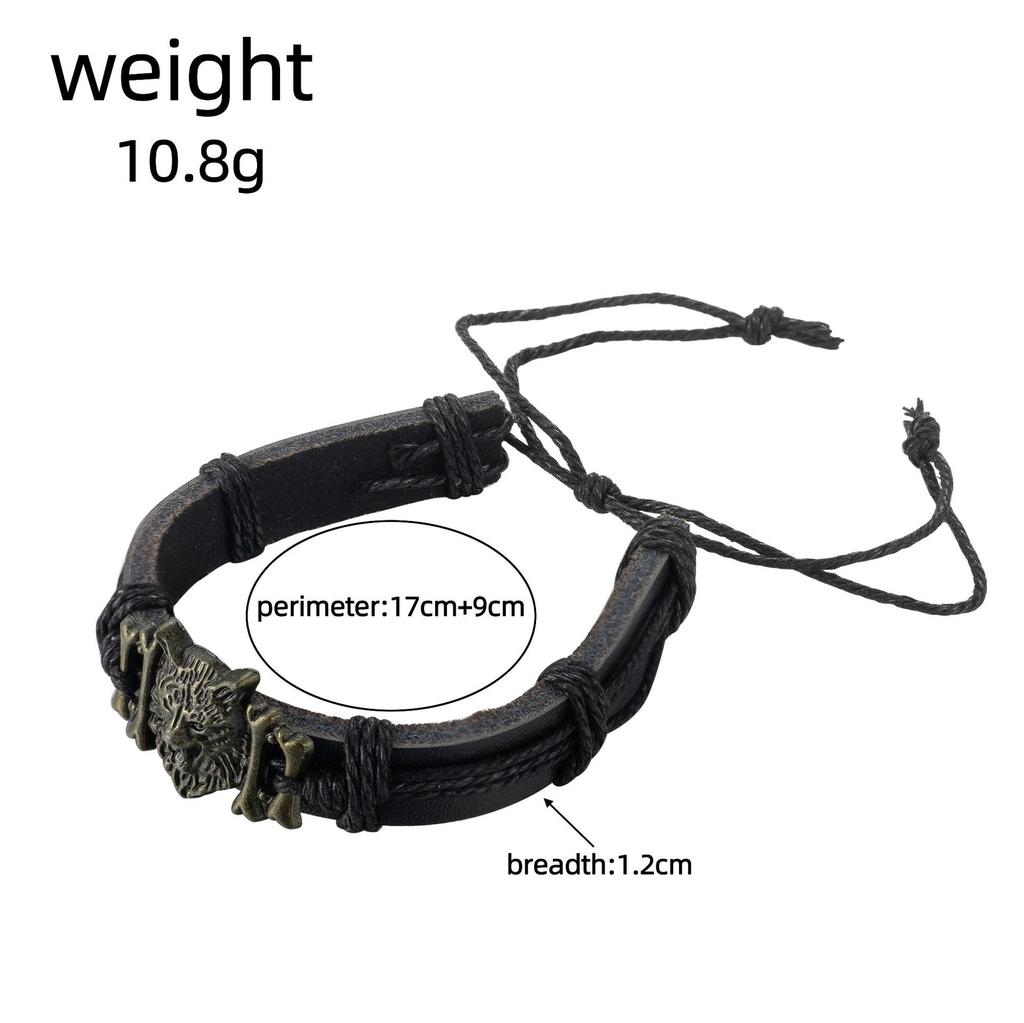 Men's and Women's Retro Wolf Head and Lion Head Leather Adjustable Bracelet Hand Rope