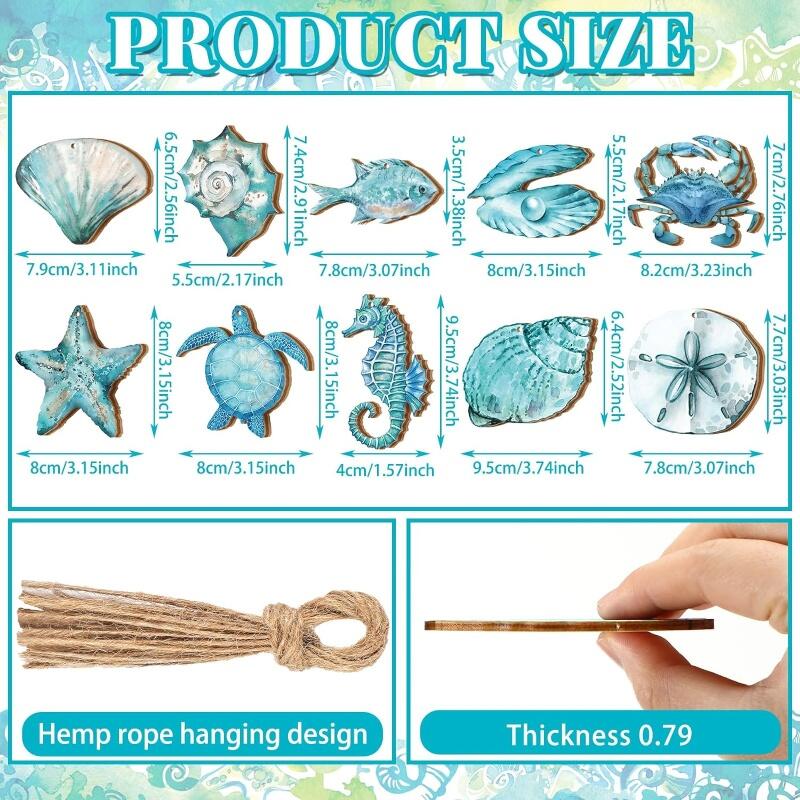 20pcs Summer Ocean Animals Ornaments Summer Ornaments for Tree Wooden Beach Hanging Ornaments Ocean Themed Ornaments Decorations