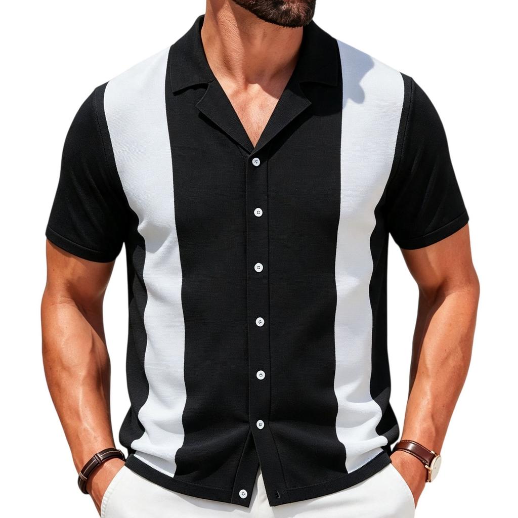 V Neck Shirts Short for Men Sleeve Button Down Polo Shirt Summer Beach Knitted Casual Shirt Tops Men's Breathable Lightweight Vacation Vintage Shirts