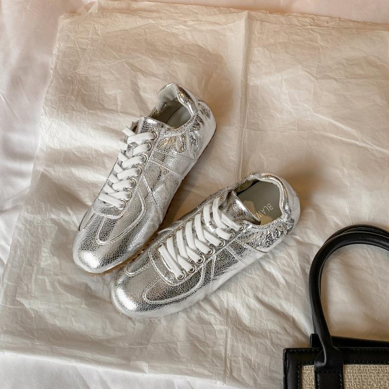 

Серебристые немецкие тренировочные туфли женские шнурки 2025 весна новая ретро универсальная повседневная обувь на плоской подошве спортивные балетки одинарные туфли 40 серебряный