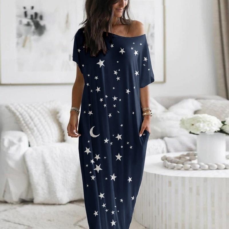 Women Loose Casual Short Sleeve Moon Stars Print Maxi Dress Home Casual Dress Trendsetting Must-have Items Fashion Versatile Outfits