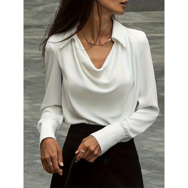 White temperament commuter long-sleeved shirt solid color simple swing collar ladies blouse CY0160