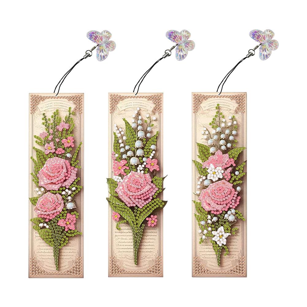3Pcs Special Shape Rose Bouquet DIY Bookmarks Diamond Painting Kits Diamond Art Bookmark with Pendant for Kids Adults Beginners