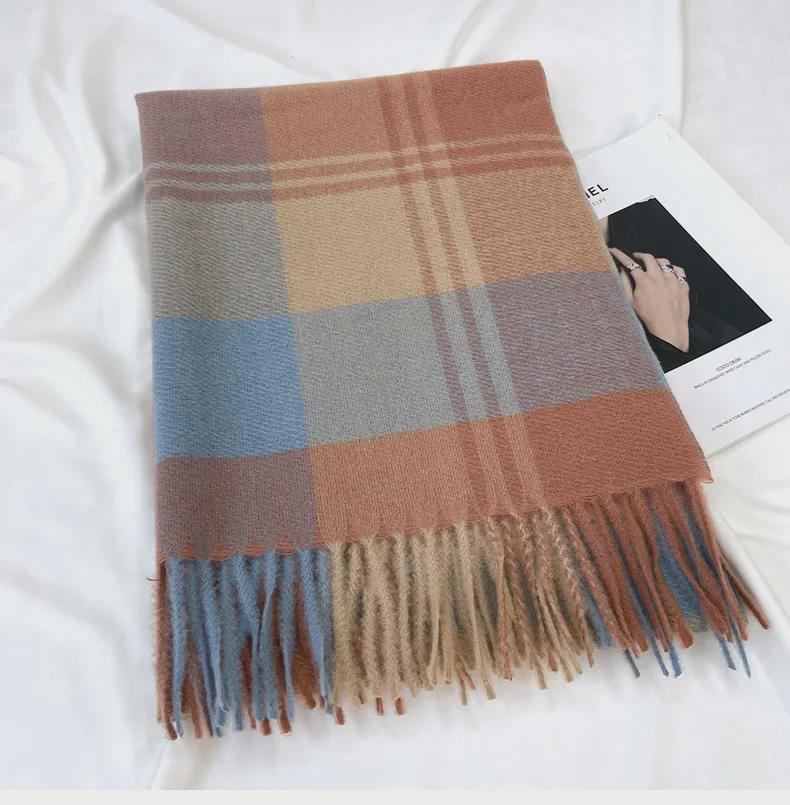 2024 Women's Winter Plaid Tassel Shawl - Korean-Style Thick Warm Imitation Cashmere Scarf for Students and Couples