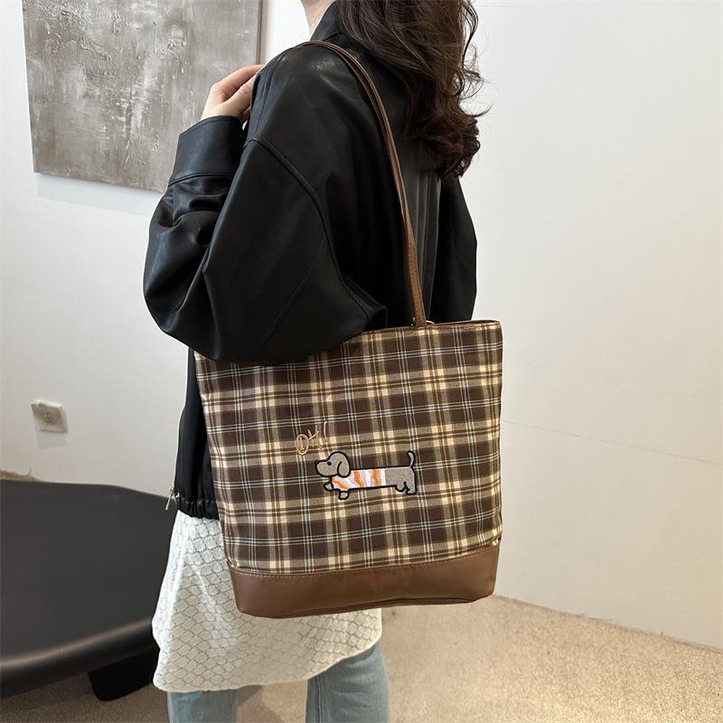 New Checked Tote Bag Cartoon Puppy Backpack Korean Version Large-capacity Underarm Bag Simple Commuting Bag for Girls
