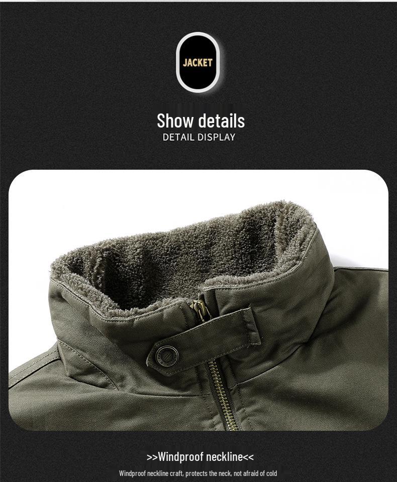 Men's Fleece-Lined Cross-Opening Flight Jacket - Thickened Autumn/Winter Washed Workwear Casual Top