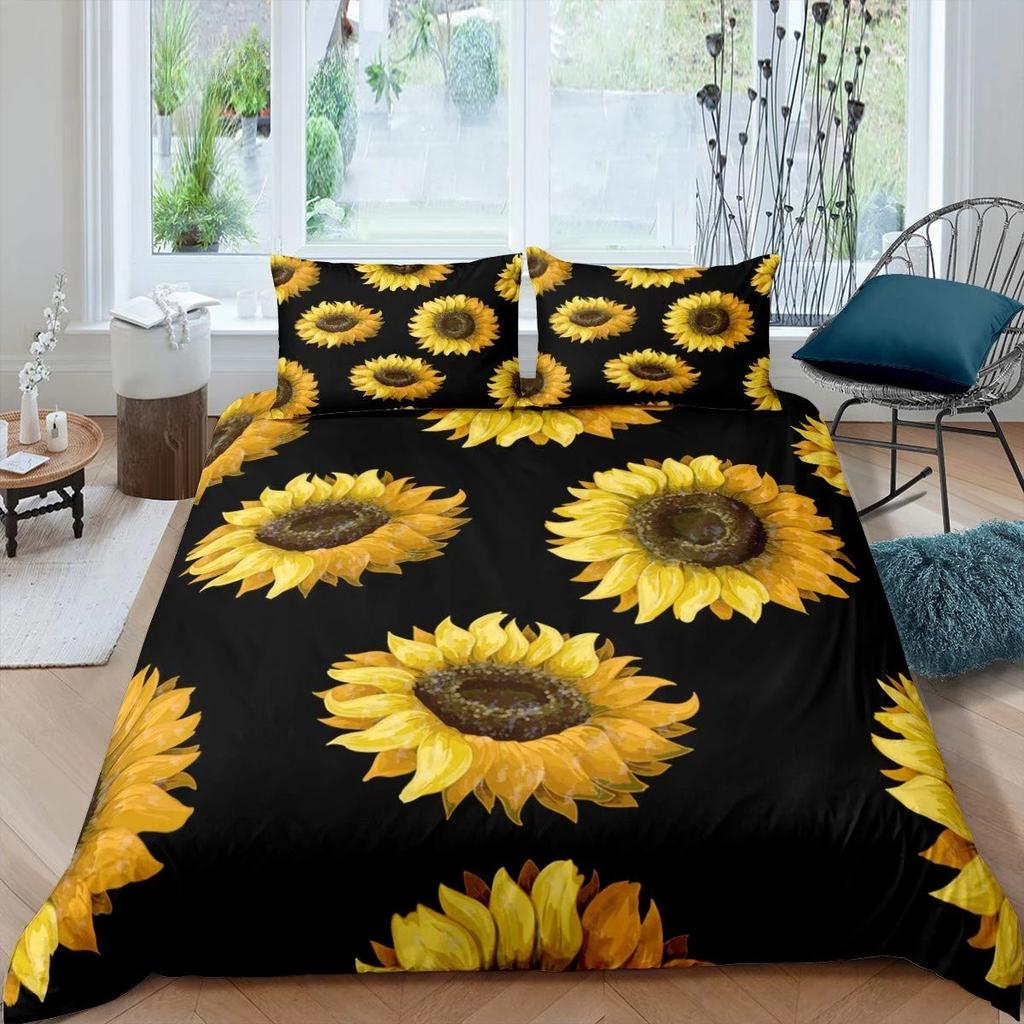 Vintage Sunflowers Duvet Cover Set Letters Bedding Set Letters And Sunflowers Printed Retro Girls Queen Size 2/3pcs Quilt Cover