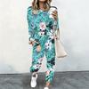 Ladies Crew Neck Long Sleeve Blouse And Elastic Waist Long Pants Two Piece Casual Outfit