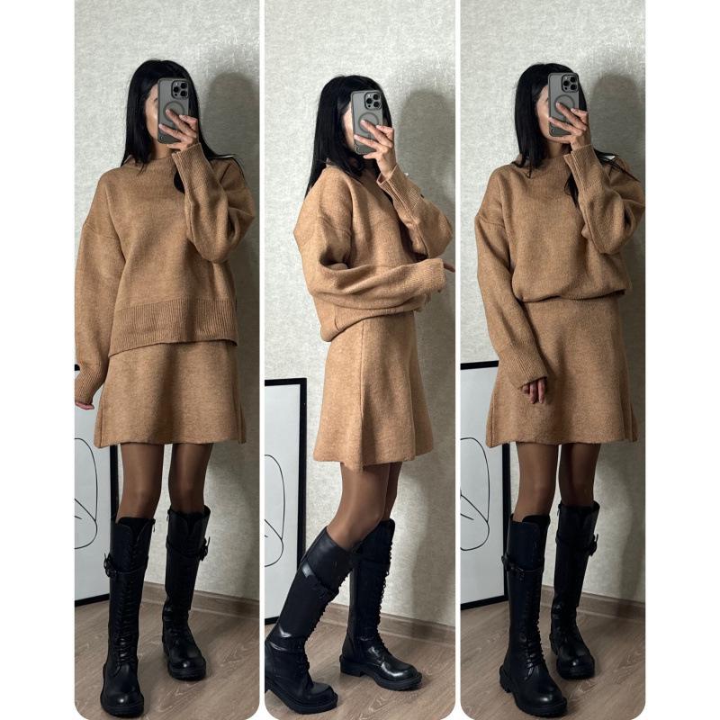 2024 Autumn European & American College Style Knitted Sweater and Skirt Set for Women