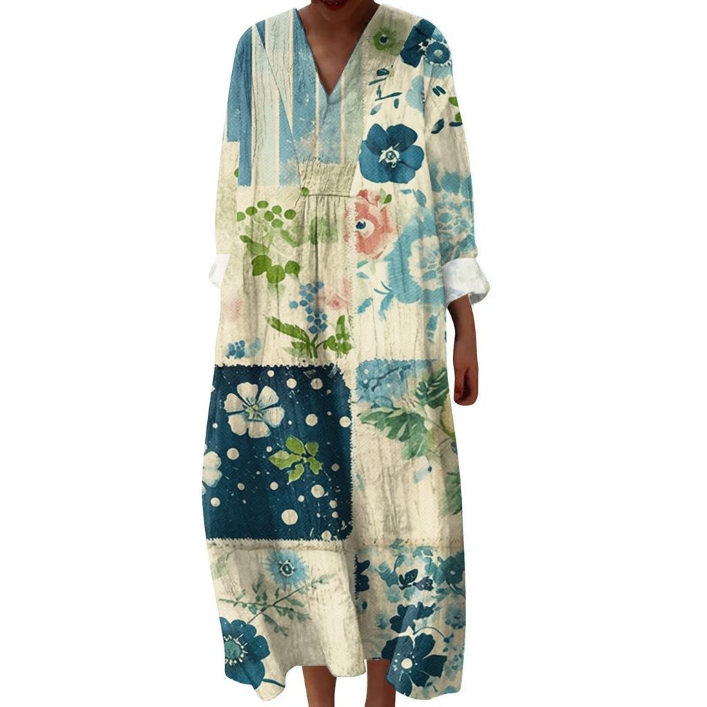 Dámské ležérní a módní šaty s dlouhým rukávem s květinovým potiskem a výstřihem do V šaty s dlouhým rukávem
