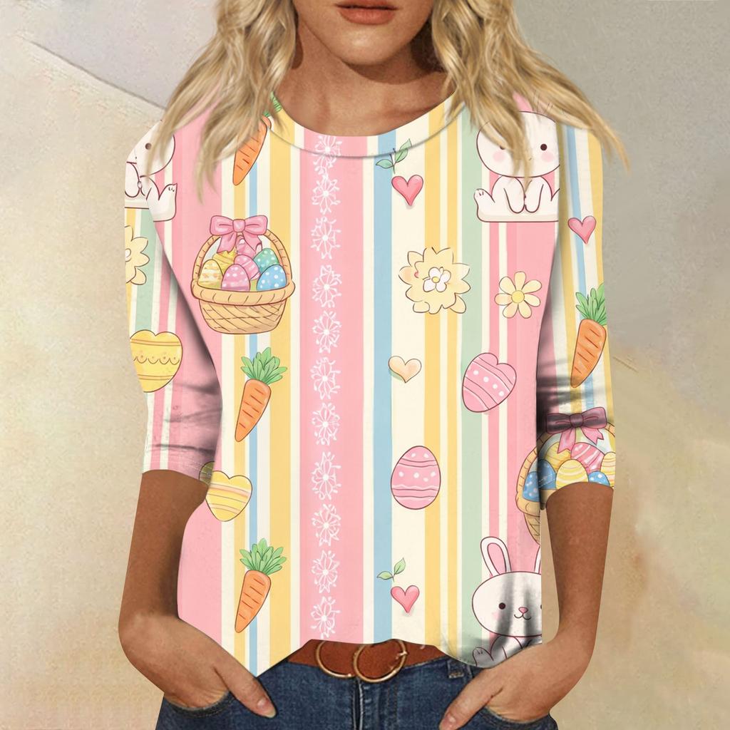 Top da donna casual con stampa di elementi pasquali, girocollo