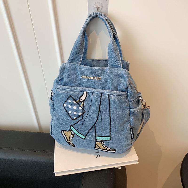 Bolso de Mezclilla Bordado Estampado Bolso Grande de Hombro Cruzado