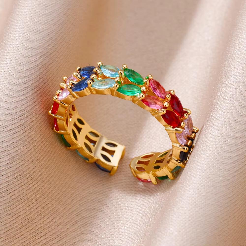 Luxry Colorful Zircon Opening Rings For Women Stainless Steel Gold Color Irregular Geometric Shiny Crystal Ring Fashion Zircon