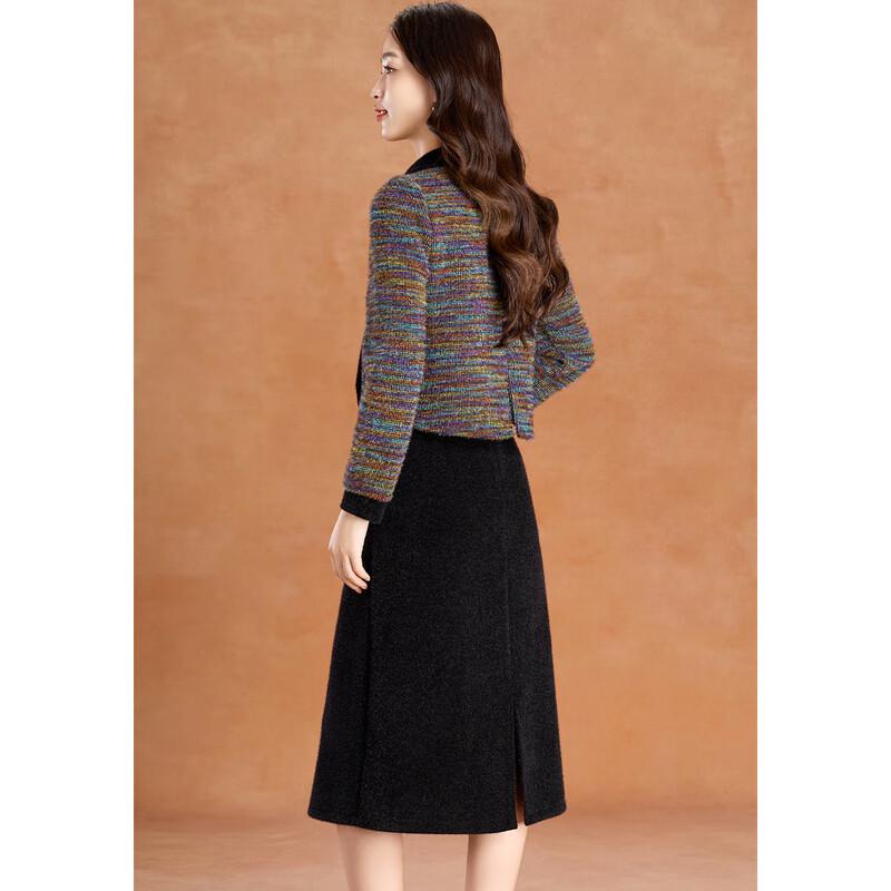 Ke Bei Er Faux Mink Patchwork Color-Block Scarf Collar A-Line Dress