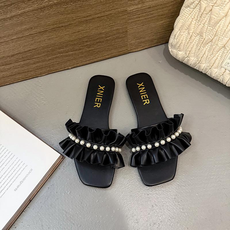 Women Slippers Flats Bead Sandals Square Toe Shoes Summer New 2025 Trend Open Toe Dress Casual Flip Flops Woman Beach Slides