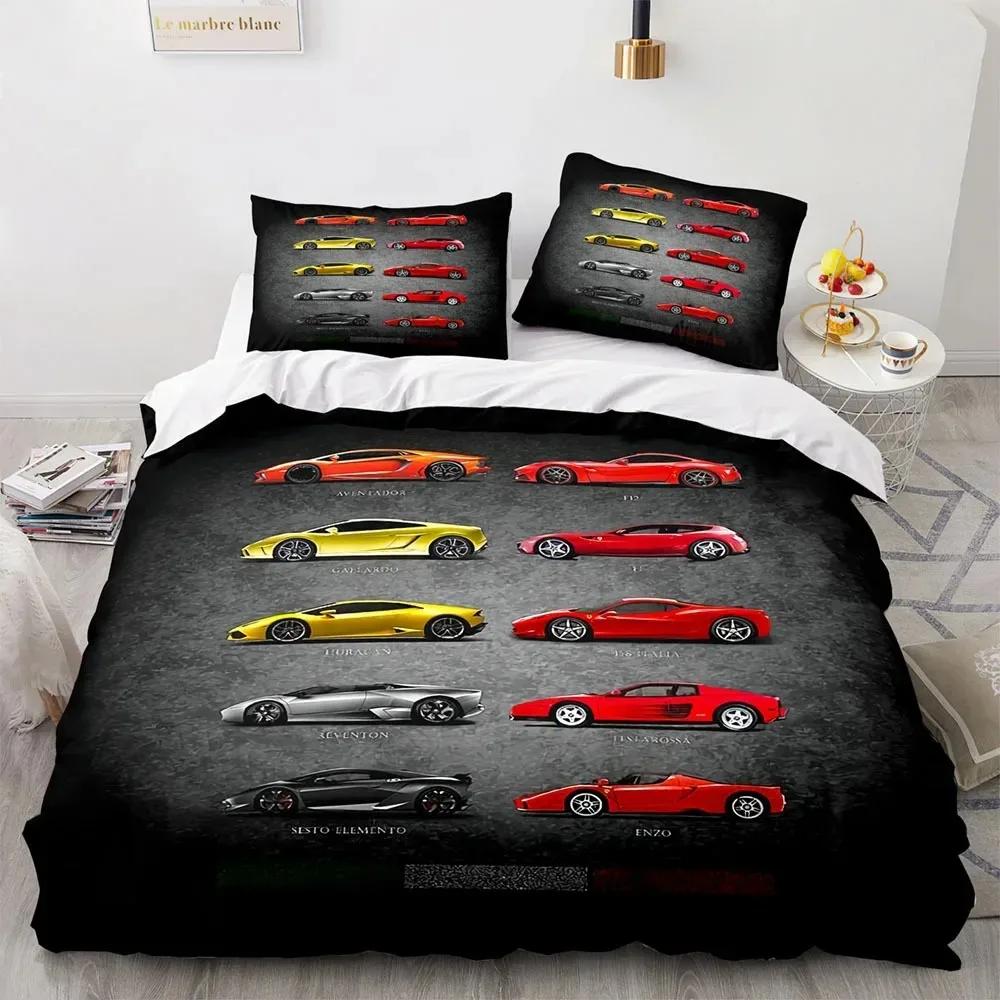 Sports Car King Queen Duvet Cover Cool Colorful Supercar Pattern Bedding Setfor Men Adult Race Car 3pcs Polyester Quilt Cover