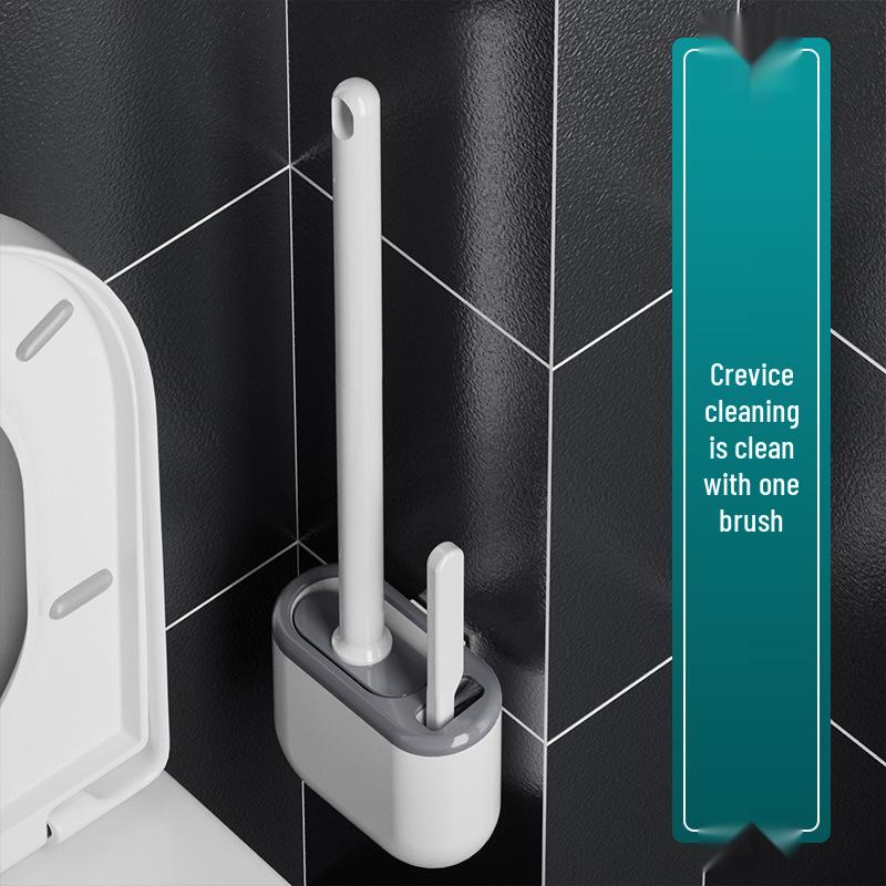Wall-Mounted Silicone Toilet Brush Set with Long Handle and Base for Bathroom Cleaning