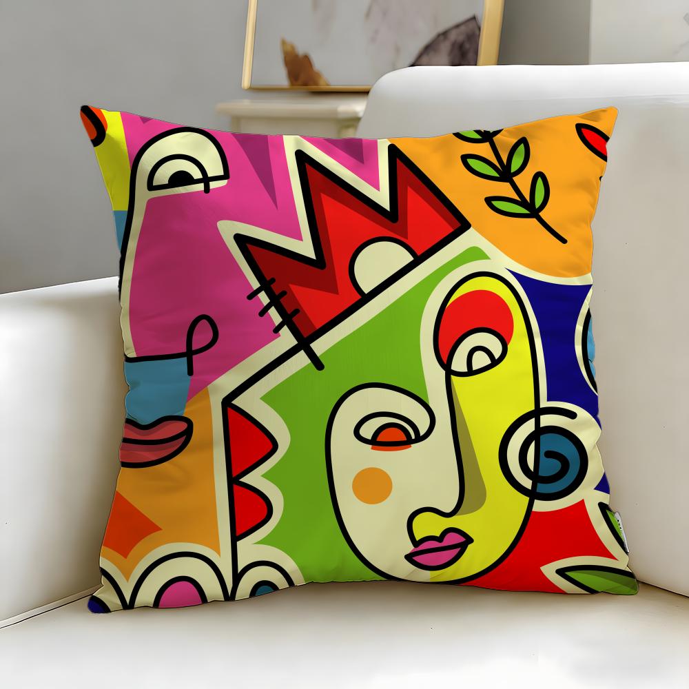 art theme Colorful Abstract Faces Cushion Cover Soft  EasyWash Pillow Case  Versatile for Couch Bed Travel and Office