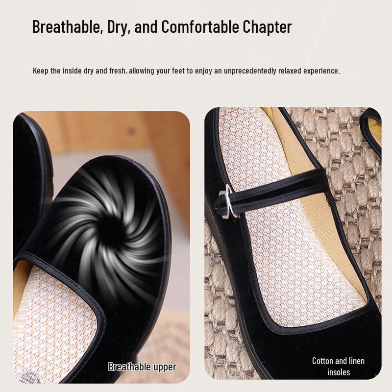 Polyurethane Sole Women's Black Cloth Shoes - Flat and Wedge Heel with One Strap for Work or Dance