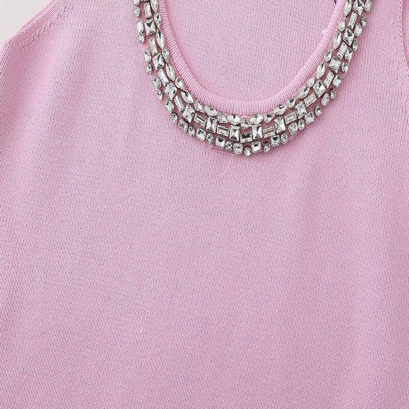 Fashion Style 2024 Summer New Arrival Women's Round Neck Sleeveless Jewelry Inlaid Plain Stitch Mini Dress 5755025