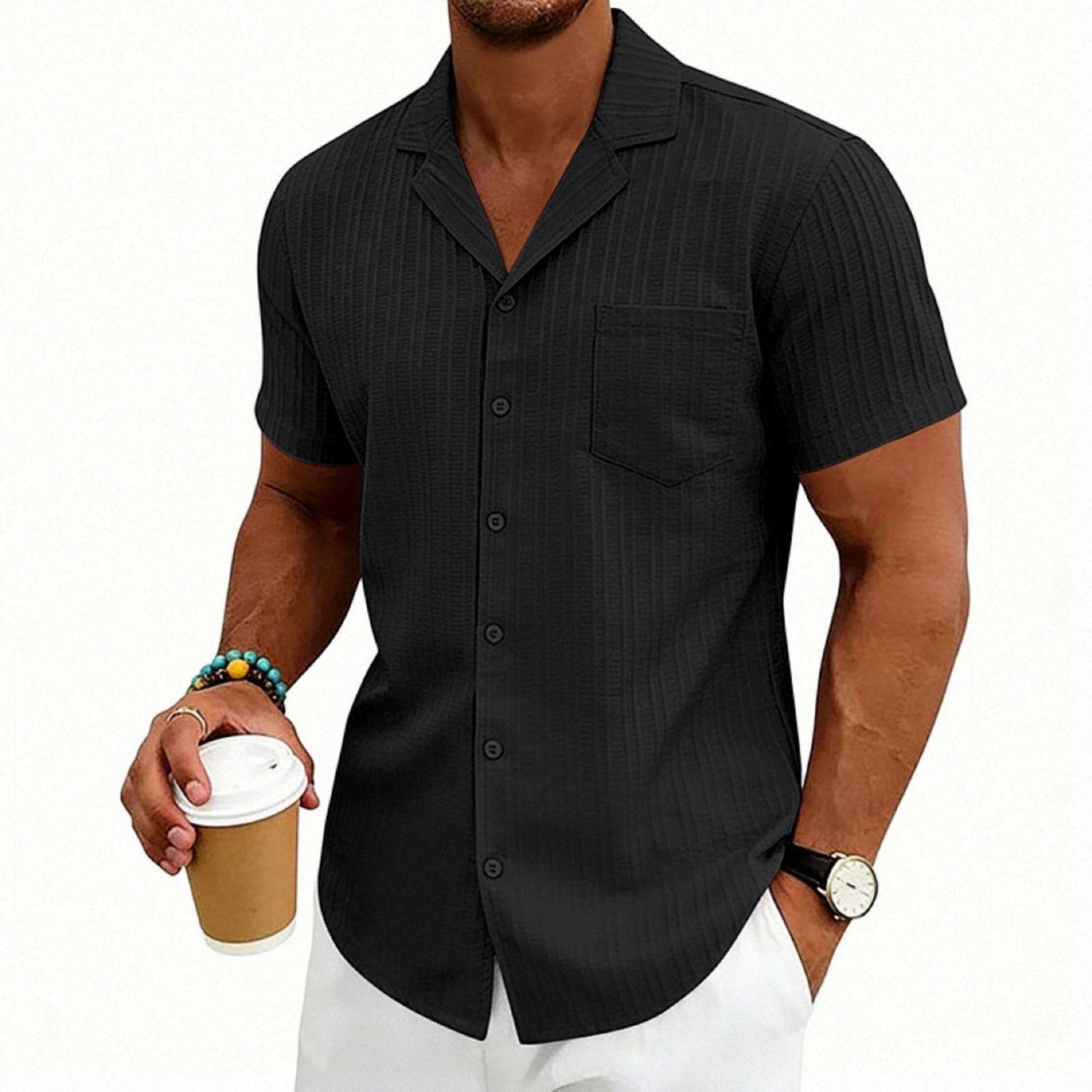 

Men s Wavy E Large-size Cuban Collar Design Short-sleeved Shirt L чёрный