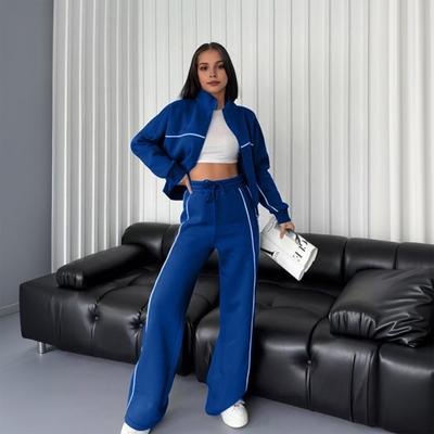2 Pcs/Set Women Coat Pants Suit Half-high Collar Zip-up Long Sleeve Top Elastic Waist Wide Leg