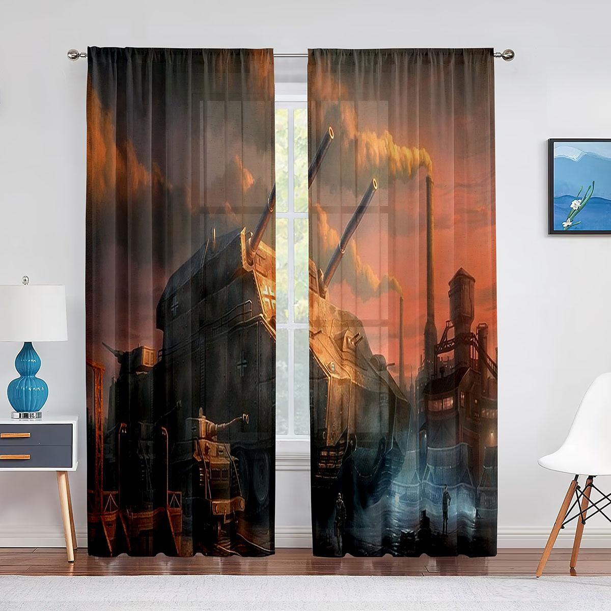 

Военные военные бронированные танки, тюлевые вуали, шторы для детей и мужчин, оконная занавеска для спальни, прозрачные шторы из органзы для гостиной 1 PCS W100XH250cm&Grommet Top