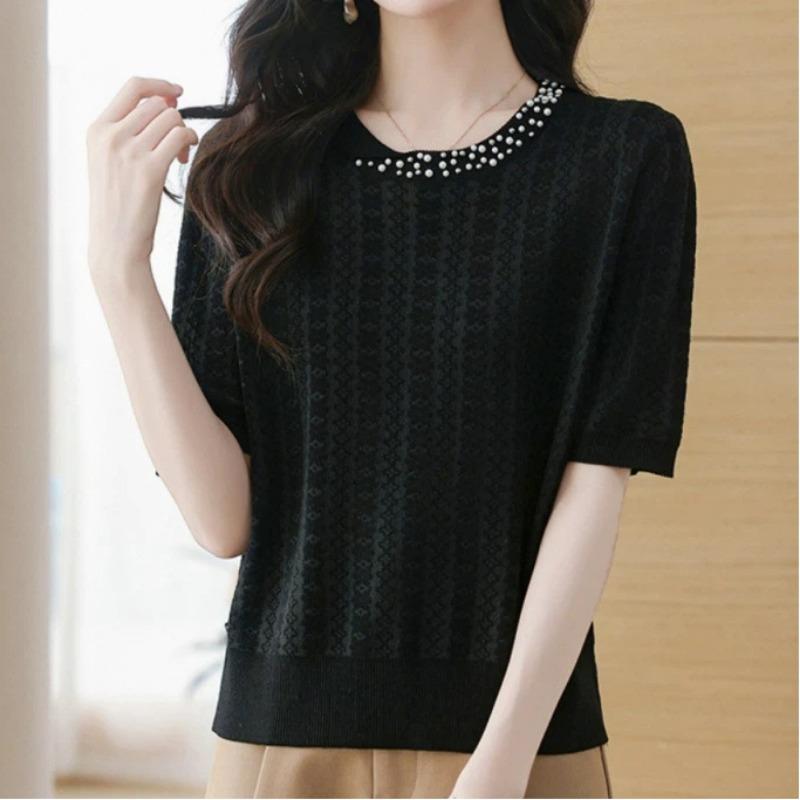 Women Heavy Beaded Neckline Jacquard Knit Short Sleeve T Shirt New Fashion Summer Casual Elegant
