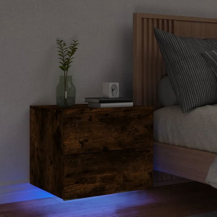 VidaXL Wall-Mounted Bedside Table with LED Lights, Nightstand, Bedside Table, Bedroom Bedside Cabinet, Modern, Oak 836820