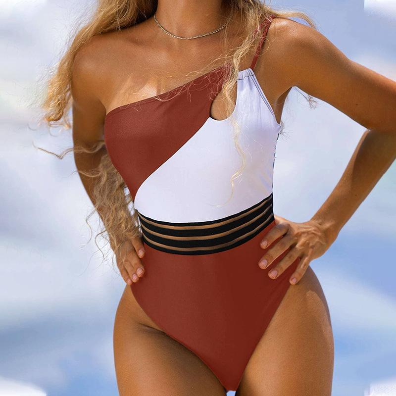 Costume da bagno intero sexy monospalla da donna, bianco e nero, sgambato, costume da bagno push-up, patchwork, abbigliamento da spiaggia, bikini, costume da bagno