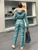 One Piece Women Winter Snow Jacket Warm Hooded Fur Collar Puffer Coat Skater Suits