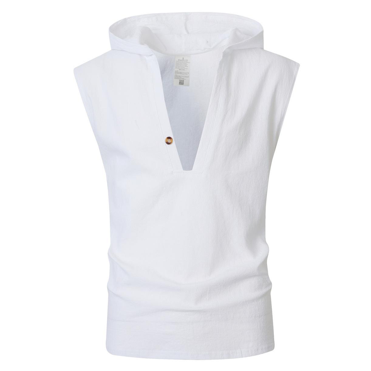Men Summer Casual Hooded Sleeveless Drawstring Linen Sports Beach Vest S белый