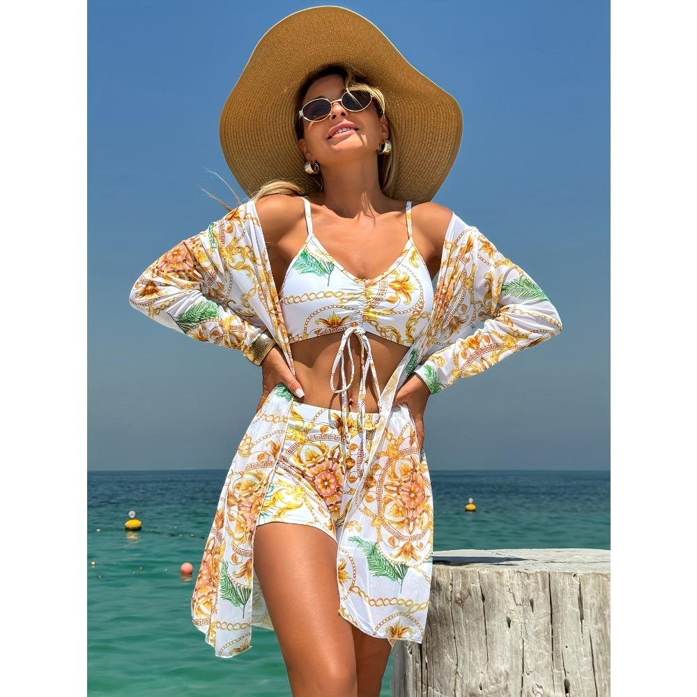 Bikini de Tres Piezas para Mujer con Pantalones Cortos tipo Boy Short, Bañador de Moda con Lazo y Cubre Traje de Playa