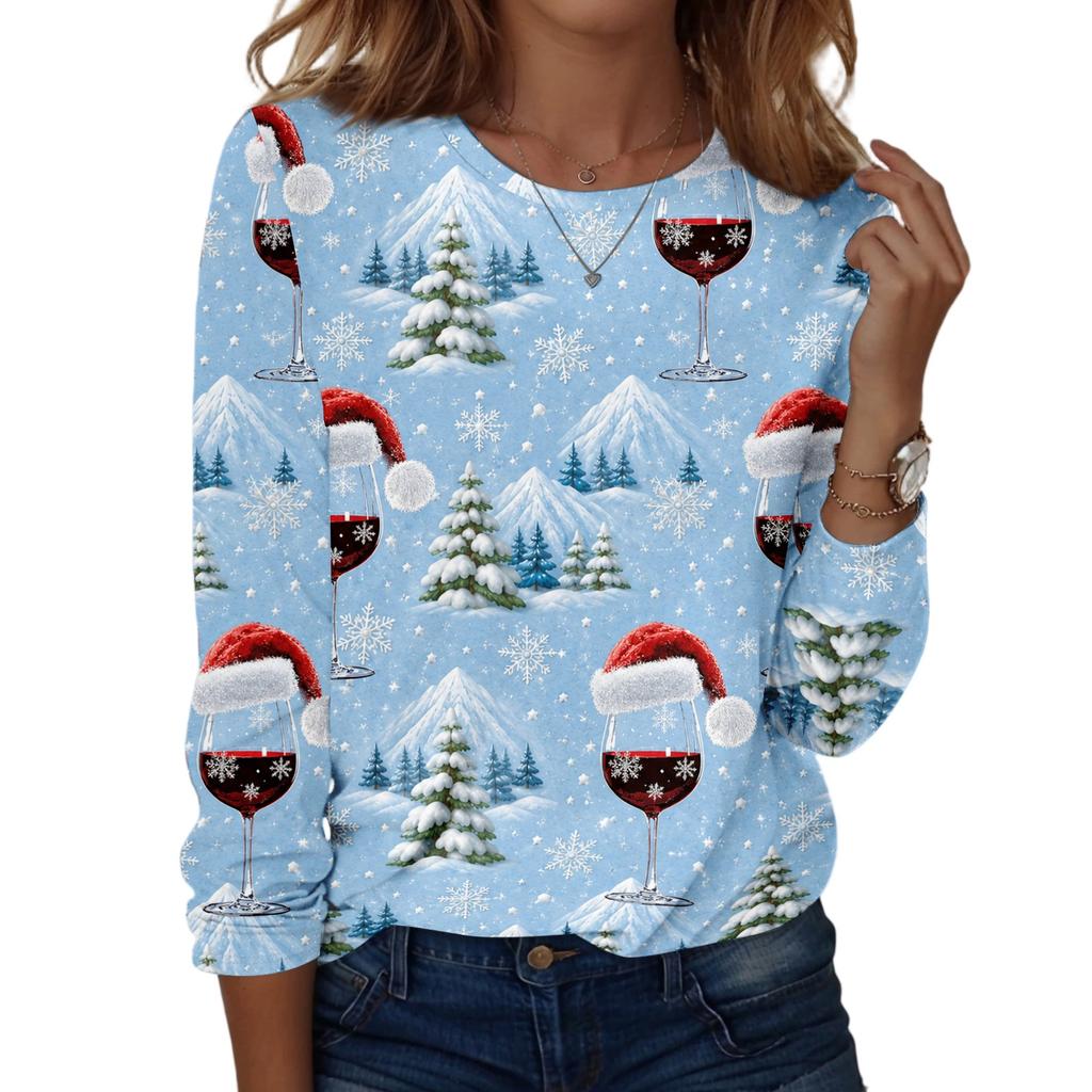 Women's Christmas Printed Long Sleeve Round Neck Top Casual Blouse