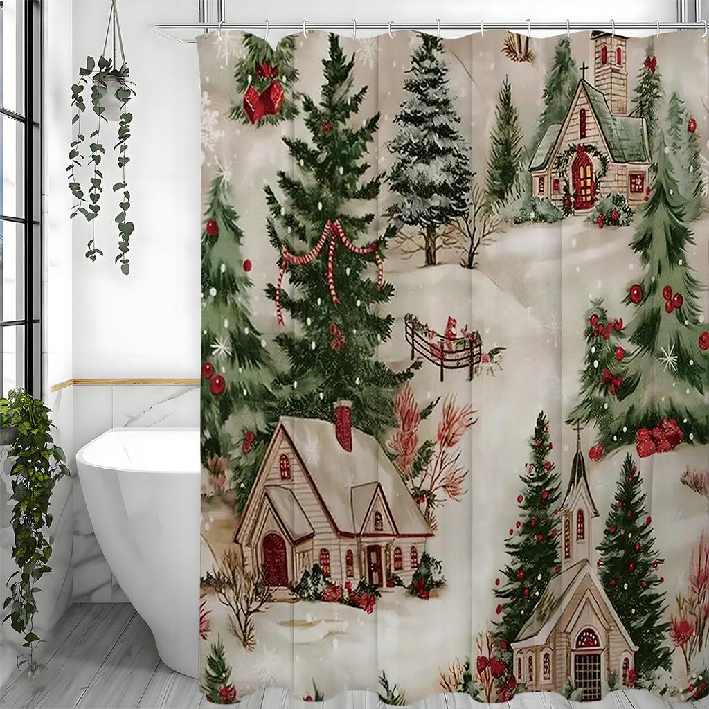 Wesołych Świąt Dom Choinka Świąteczna Zasłona Prysznicowa Śnieżna, Dekoracyjna Zasłona Prysznicowa do Łazienki, Wodoodporna Zasłona Prysznicowa z Haczykami
