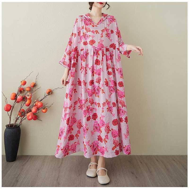 Ladies' Gentle Wind and Cloud Brocade Cotton and Hemp Hooded Printed Dress
