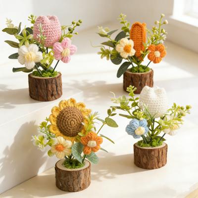 Handmade Crochet Potted Flower Artificial Knitted Flower Bouquet Forever Flower Gifts for Mother's Day Valentine's Day Birthday