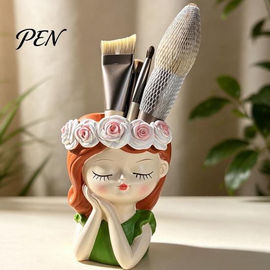 Whimsical Home Decor Cute Girl Resin Planter, Head Planter with Rose Garland, Decorative Indoor Plant Container for Succulents Cactus Desk Desktop