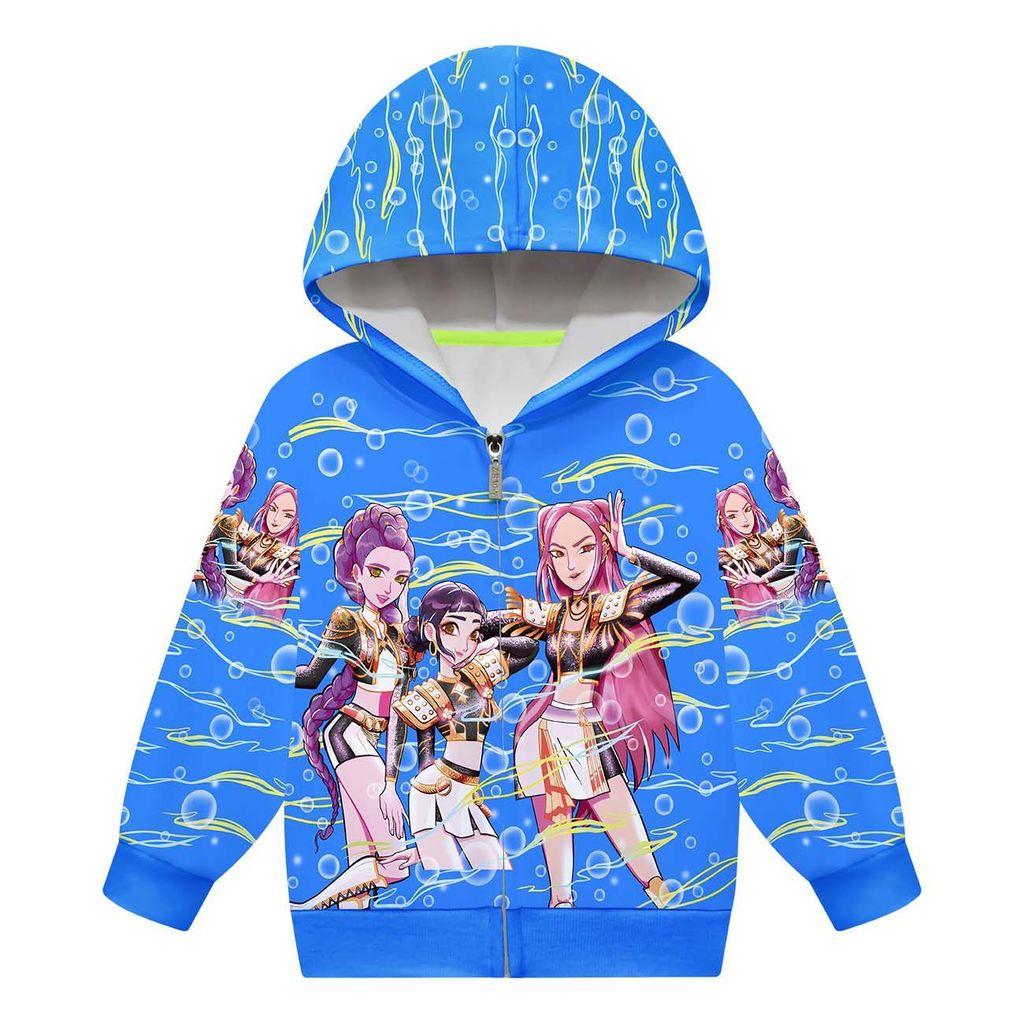 Kids Girls POP Singer Rumi Zoey Mira Printed Casual Hooded Zipper Long Sleeves Jacket Coat