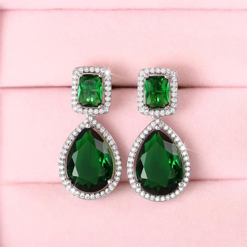 Luxury Square Green Cubic Zirconia Crystal Pendant Earrings Exquisite Fashionable  Women'S Wedding Jewelry
