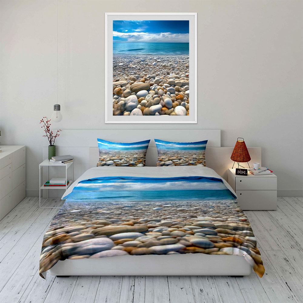 Set Biancheria da Letto 3 Pezzi Spiaggia Tropicale con Sassi, Copripiumino con Stampa Cielo Blu e Mare + 2 Federe, Sereno Motivo Costiero per Camera da Letto