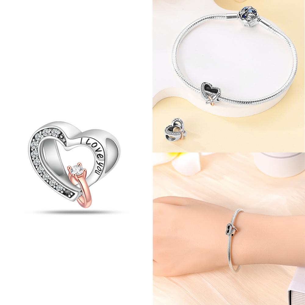 Rose Gold Pink Zircon Love Heart Beads Fit Bracelet Charms Copper Original Jewelry Women Diy Accessories