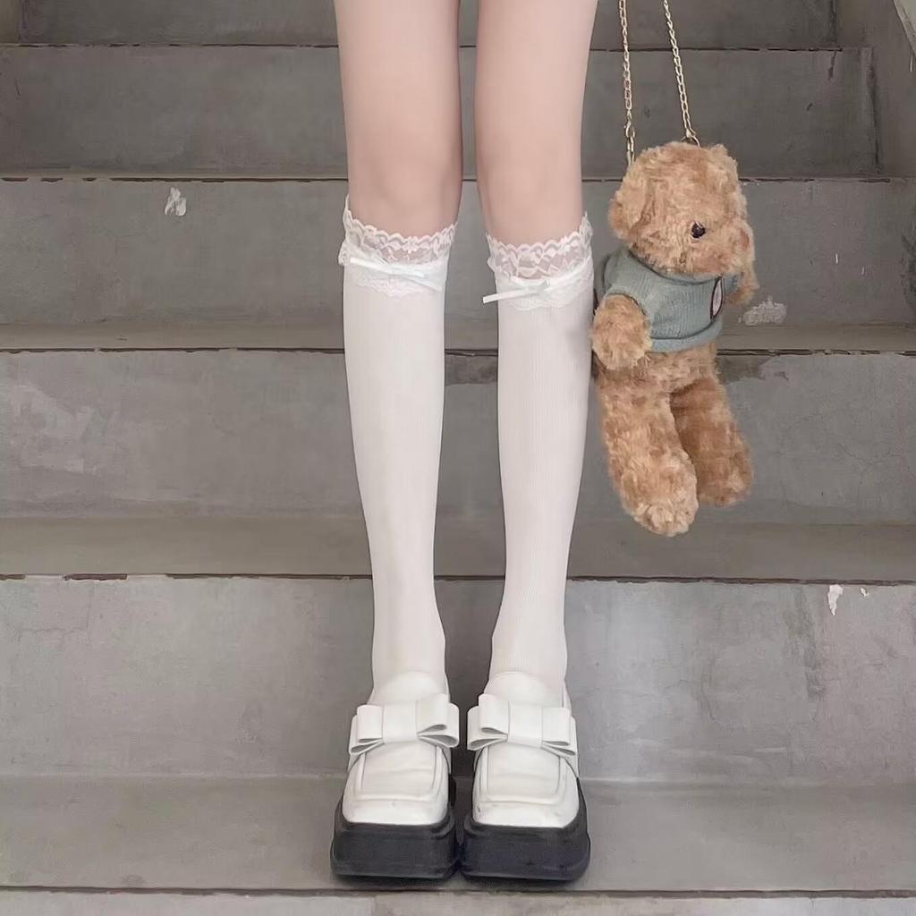 Lolita White Lace Bow Over-the-Knee Velvet Socks